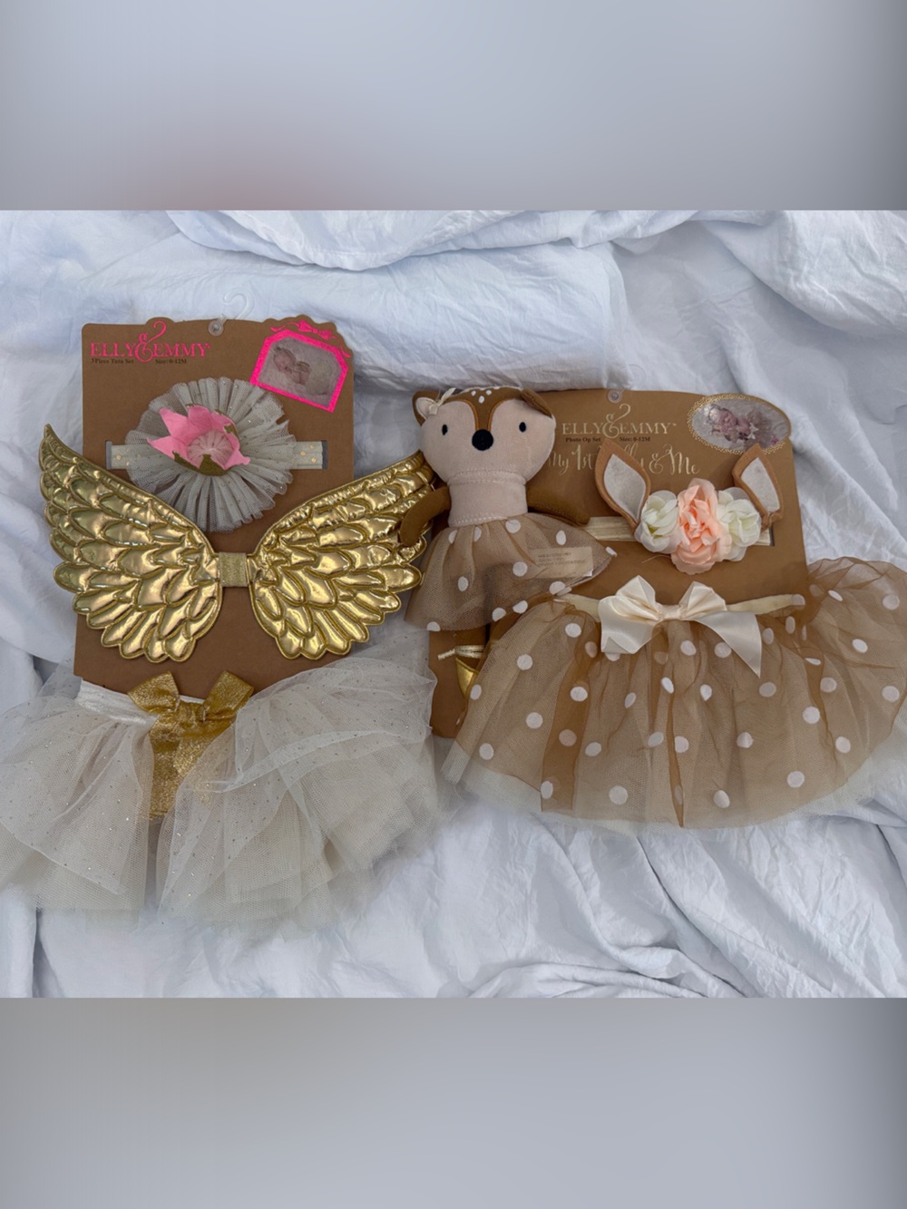 Elly & Emmy set of 2 Gold Angel Wings & Beige Polka Dot Tutu 0-12 months